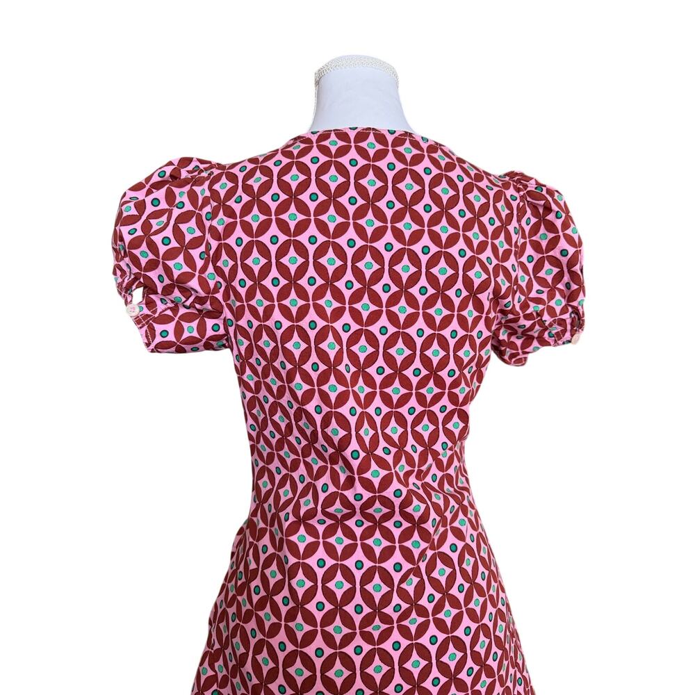 Free People Oakley Mini Geometric Print Mini Dress Pink Puff Sleeve Ruched - Picture 7 of 10